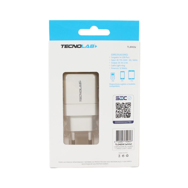 cargador tecnolab salida usb 12w con cable usb a lightning. certificacion sec. white — vista 6