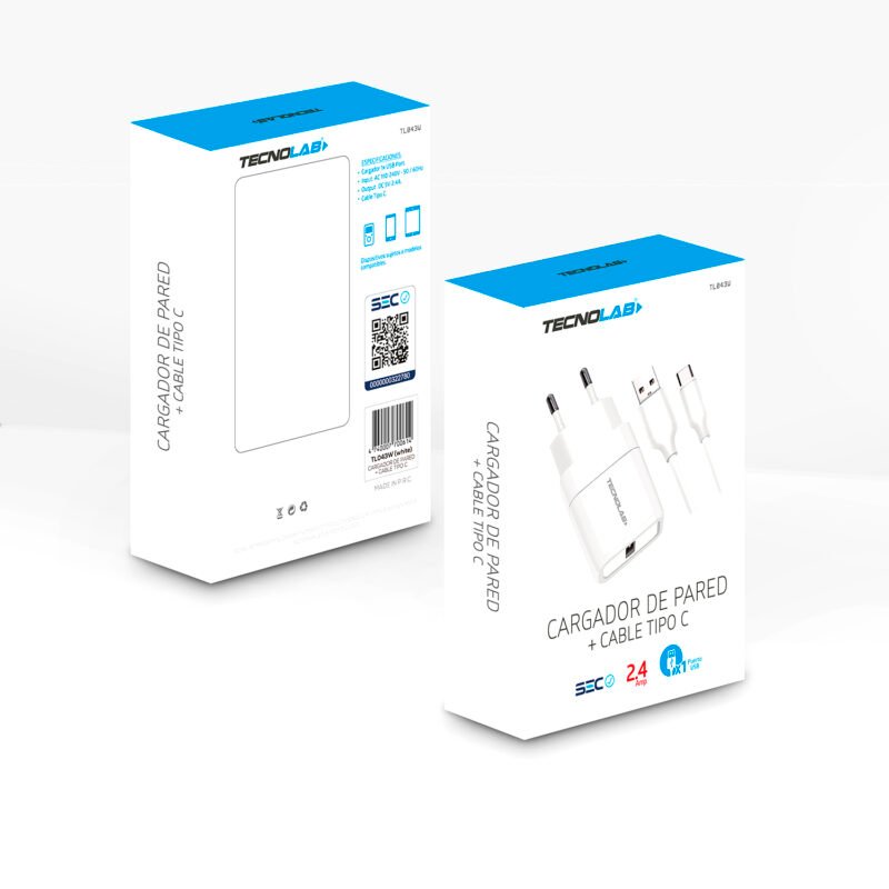 cargador tecnolab salida usb 12w con cable usb a tipo c. certificacion sec. white — vista 3