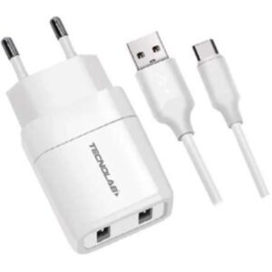 cargador tecnolab doble salida usb 12w con cable tipo c 2.4a. certificacion sec. white