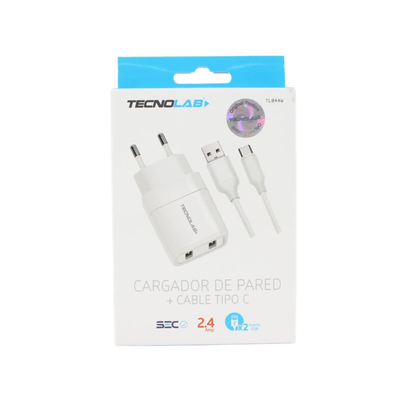 cargador tecnolab doble salida usb 12w con cable tipo c 2.4a. certificacion sec. white — vista 4