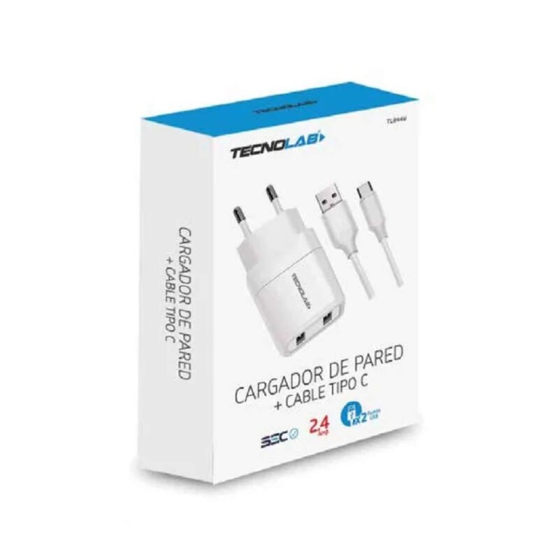 cargador tecnolab doble salida usb 12w con cable tipo c 2.4a. certificacion sec. white — vista 2