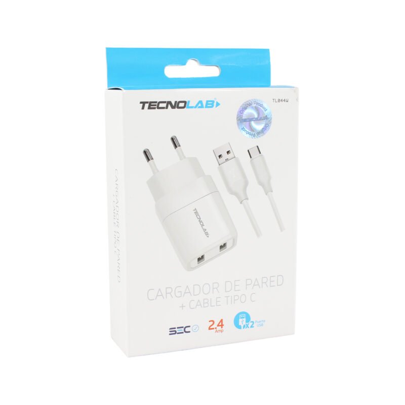 cargador tecnolab doble salida usb 12w con cable tipo c 2.4a. certificacion sec. white — vista 5