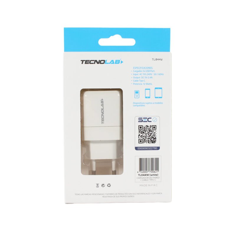 cargador tecnolab doble salida usb 12w con cable tipo c 2.4a. certificacion sec. white — vista 6