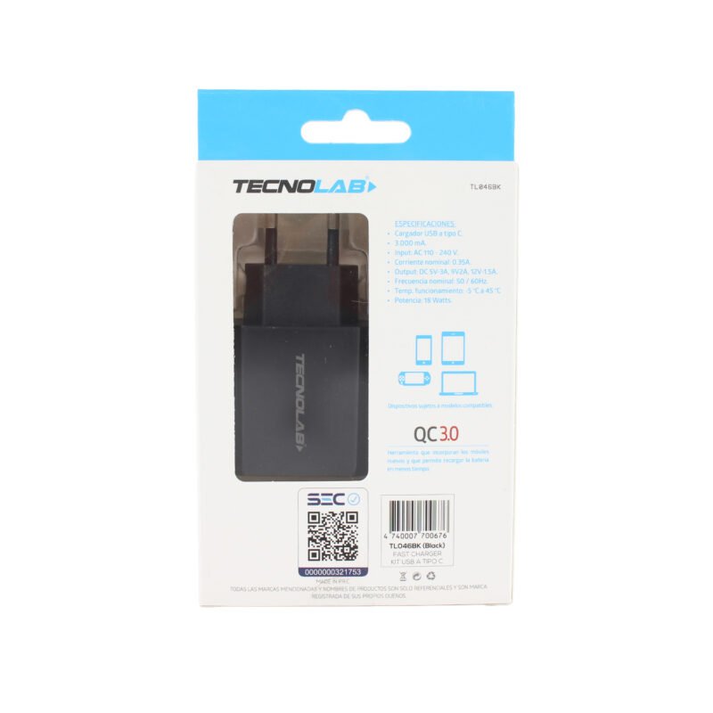 cargador tecnolab qc 3.0 usb 18w con cable usb a tipo c. certificacion sec. black — vista 7