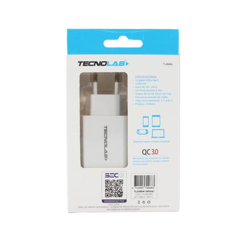 cargador tecnolab qc 3.0 usb 18w con cable usb a tipo c. certificacion sec. white — vista 7