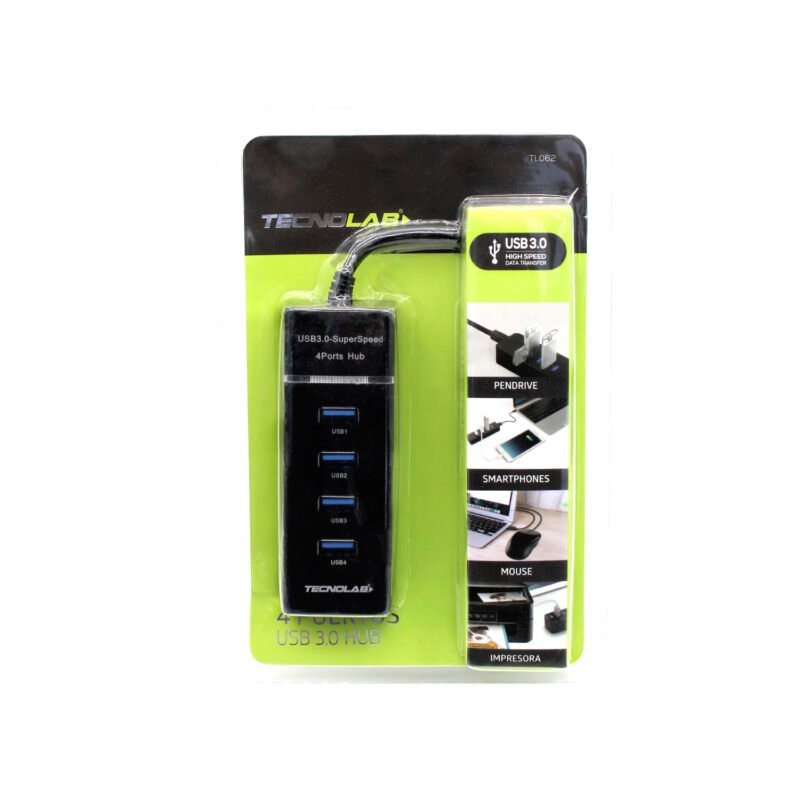 hub tecnolab usb 4 puertos, velocidad 5gbps, indicador led, fusible protector, toma dc5v. — vista 2
