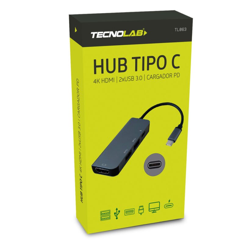 hub tecnolab tipo c a hdmi 4k, 2 usb 3.0, cargador pd, compatible pc/mac, resolucion 4k, compacto.