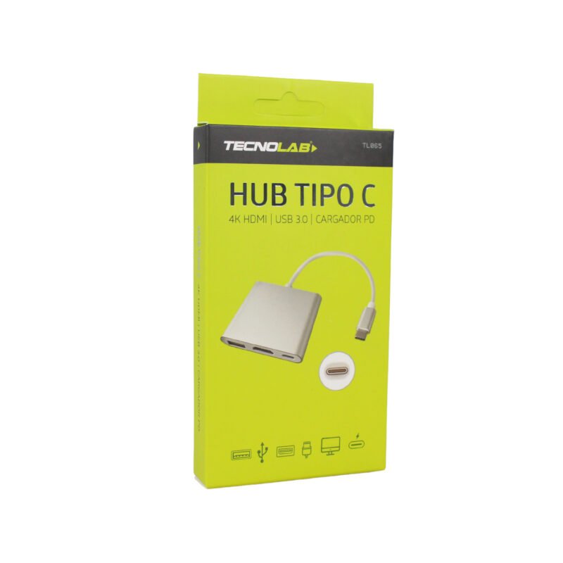 hub tecnolab tipo c a hdmi 4k, entrada usb 3.0, compatible pc/mac, resolucion ultra hd 4k, cargador pd, compacto.