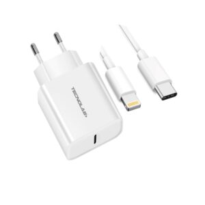 cargador tecnolab salida tipo c 18w con cable tipo c a lightning. certificacion sec. white