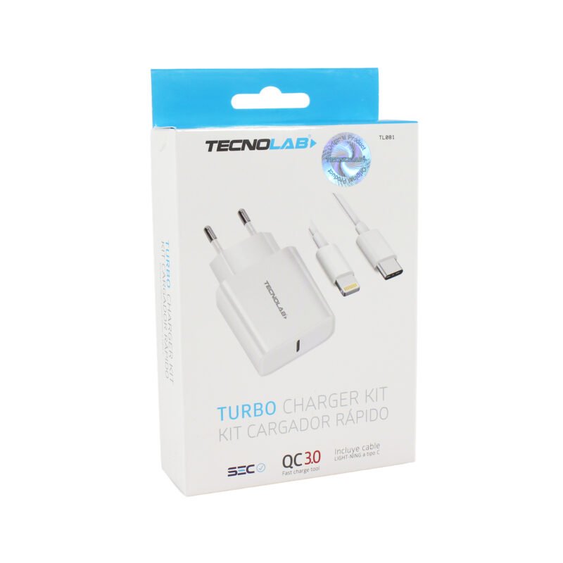 cargador tecnolab salida tipo c 18w con cable tipo c a lightning. certificacion sec. white — vista 5