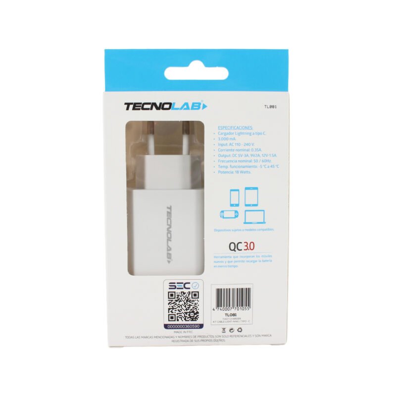 cargador tecnolab salida tipo c 18w con cable tipo c a lightning. certificacion sec. white — vista 6