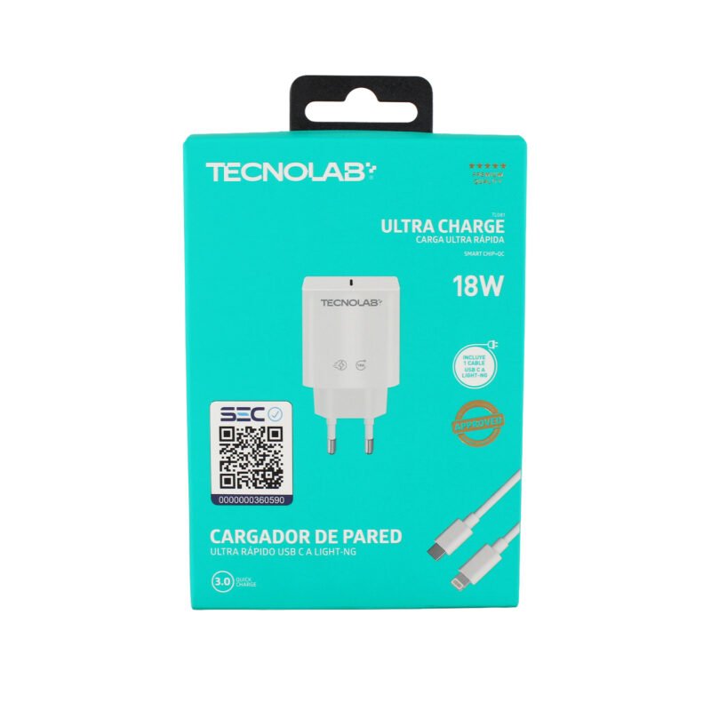 cargador tecnolab salida tipo c 18w con cable tipo c a lightning. certificacion sec. white — vista 13