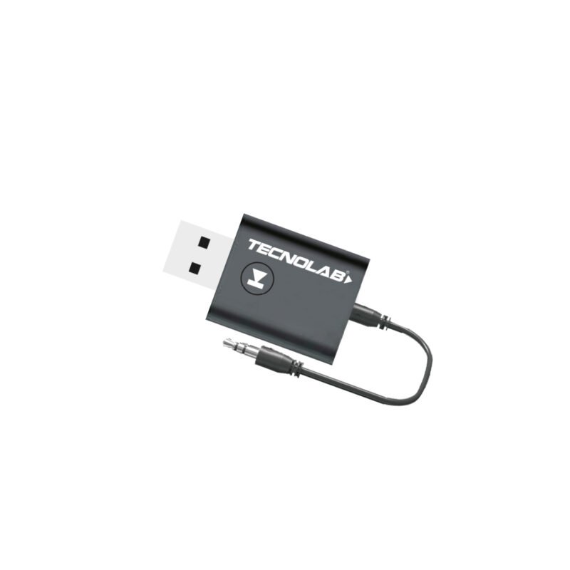 adaptador tecnolab mini bt v5.0, transmite y recibe audio, conexion auxiliar 3.5mm, usb 5v.