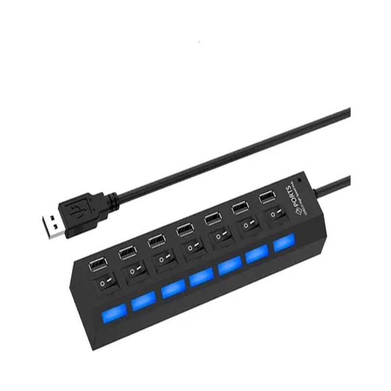 hub tecnolab usb de 7 puertos, indicador led, interruptor on/off, velocidad 480mbps, dc5v. blue