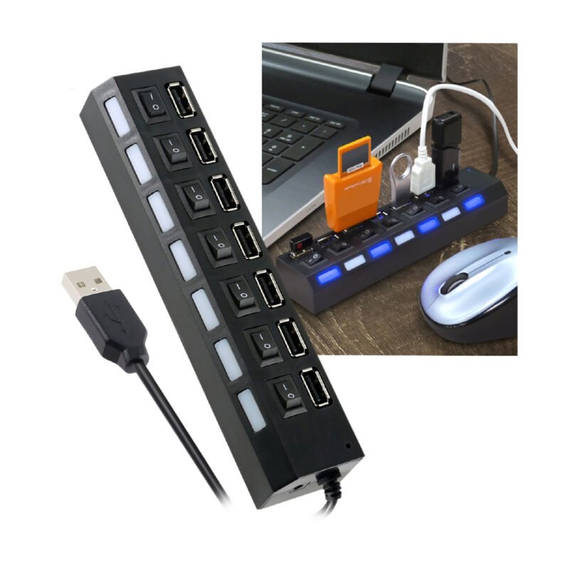 hub tecnolab usb de 7 puertos, indicador led, interruptor on/off, velocidad 480mbps, dc5v. blue — vista 3