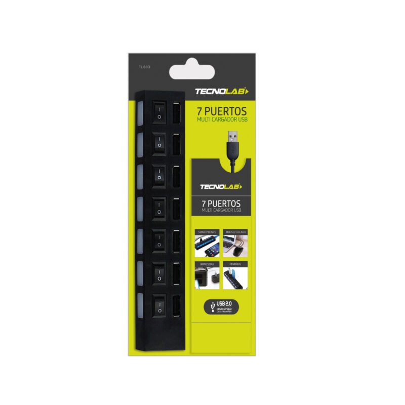 hub tecnolab usb de 7 puertos, indicador led, interruptor on/off, velocidad 480mbps, dc5v. blue — vista 5