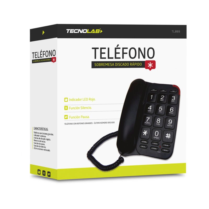 telefono tecnolab de sobremesa, 3 teclas rapidas, memoria, indicador luminoso, funciones de pausa y silencio. black — vista 3