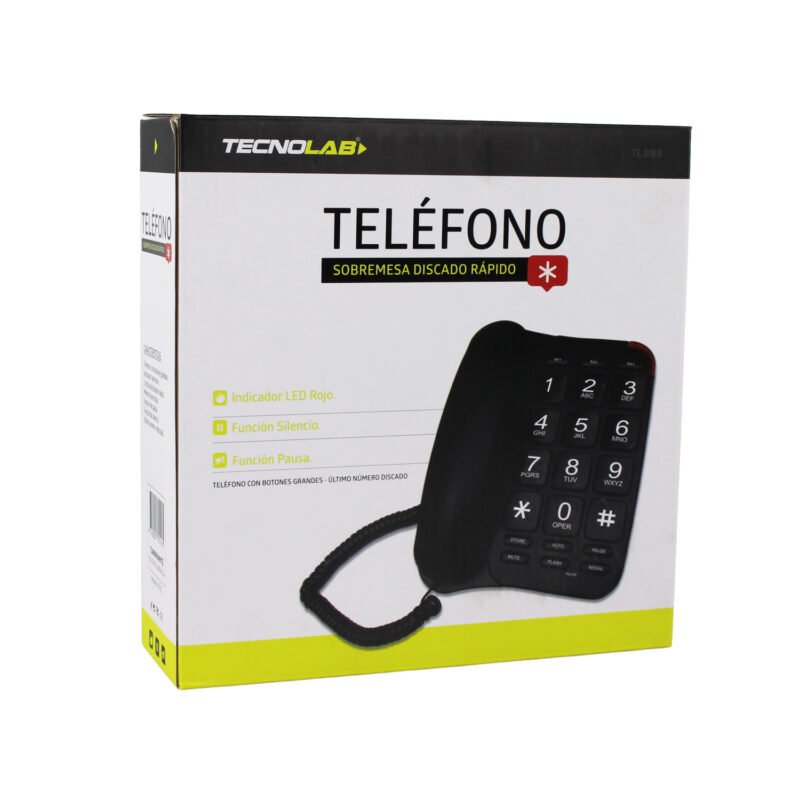 telefono tecnolab de sobremesa 3 teclas rapidas, memoria, indicador luminoso, funciones de pausa y silencio.white