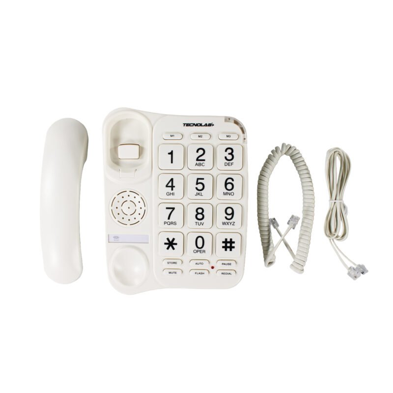 telefono tecnolab de sobremesa 3 teclas rapidas, memoria, indicador luminoso, funciones de pausa y silencio.white — vista 2