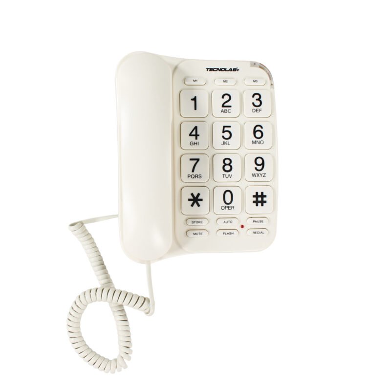 telefono tecnolab de sobremesa 3 teclas rapidas, memoria, indicador luminoso, funciones de pausa y silencio.white — vista 3