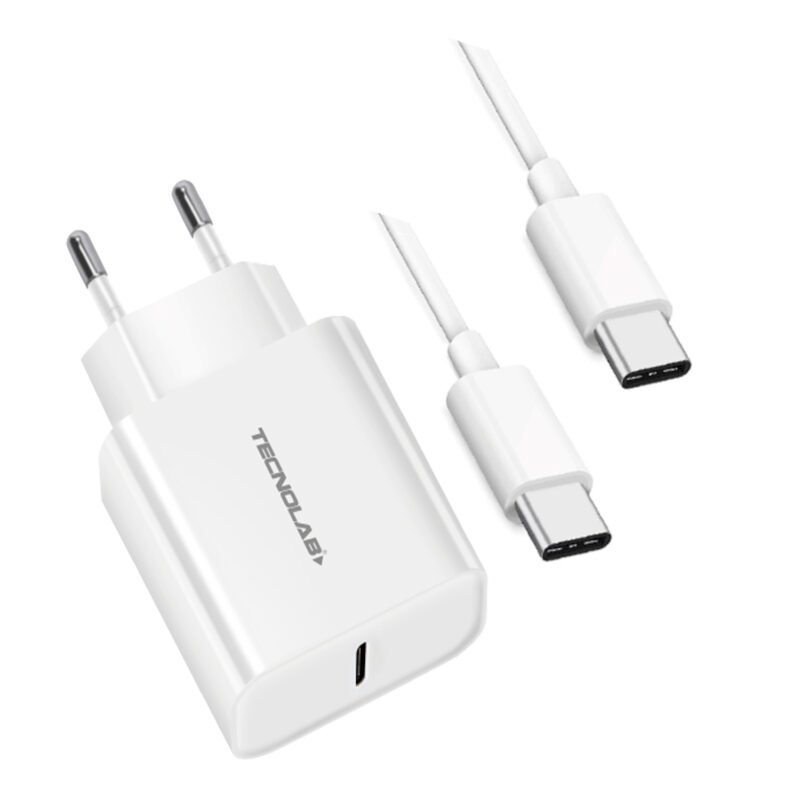 cargador tecnolab pd 18w con cable tipo c a c. certificacion sec. white