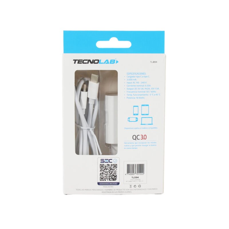 cargador tecnolab pd 18w con cable tipo c a c. certificacion sec. white — vista 6
