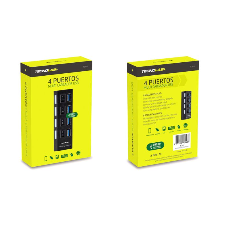 hub tecnolab usb de 4 puertos, interruptor de encendido/apagado, conectar y usar, 3.0, compatible usb 1.1, cable de 60cm. — vista 4