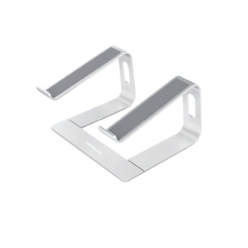 soporte tecnolab para laptop, diseÑo de aluminio abierto, soporte acolchado antideslizante, ergonomico y desmontable.