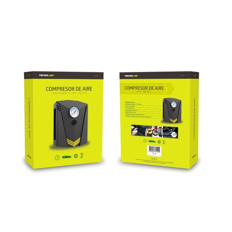compresor de aire tecnolab 150 psl, 120w, 12v, cable de 3m, iluminacion led, multifuncional y compacto.