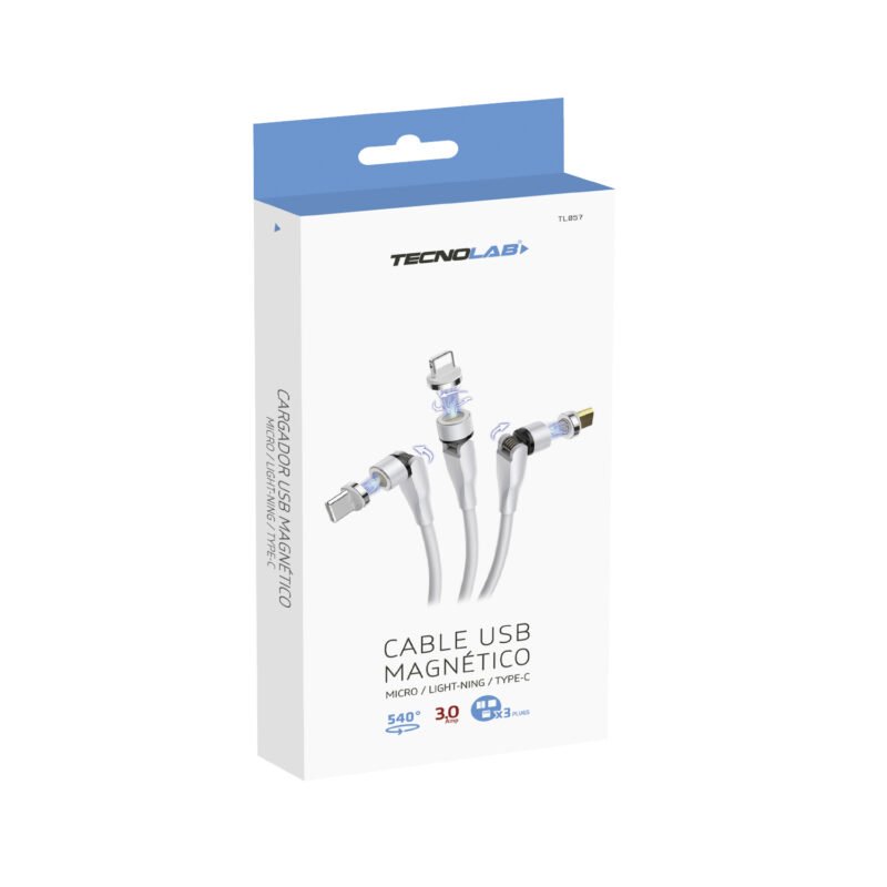 cable tecnolab 3 en uno conectores micro usb, lightning, tipo c. corriente 3a, usb 2.0, diseÑo rotativo 540°, 2m. — vista 3