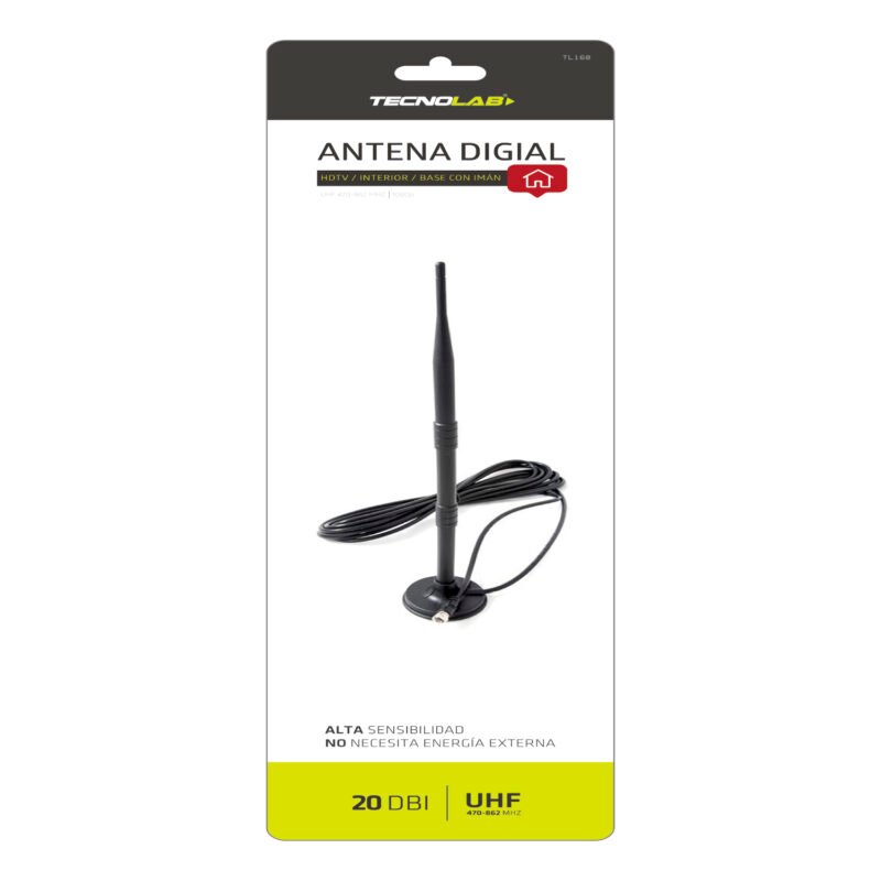 antena tecnolab hdtv uhf 470 862mhz, 3 5 db, soporte magnetico, cable 5m, temperatura 20 a +65°c. — vista 2