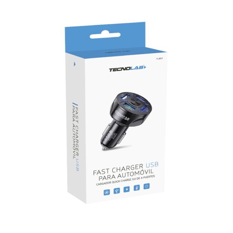 cargador tecnolab para automovil carga rapida, 4 puertos usb, qc 3.0, salida 18w, 5v 7a, 9v 1.8a. — vista 3