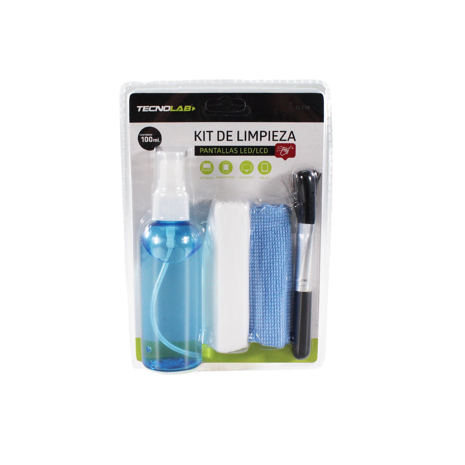 kit limpieza tecnolab para pantallas led/lcd, 100ml, sin alcohol, incluye paÑo microfibra. kit limpieza tecnolab para pantallas led/lcd, 100ml, sin alcohol, incluye paÑo microfibra.