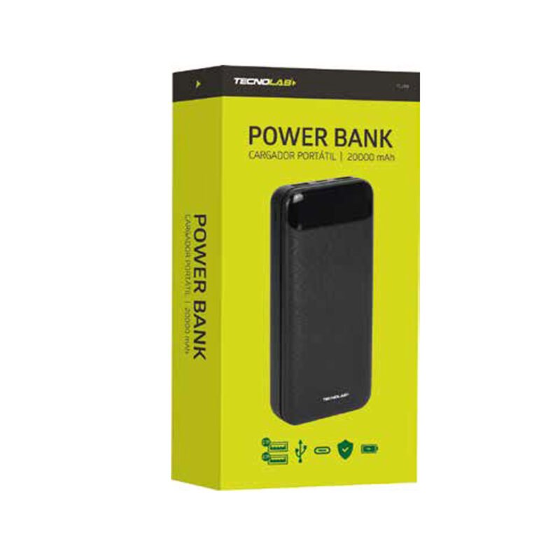 powerbank tecnolab 20000mah portatil, entrada micro usb y tipo c, pantalla display, incluye cable de carga. — vista 2