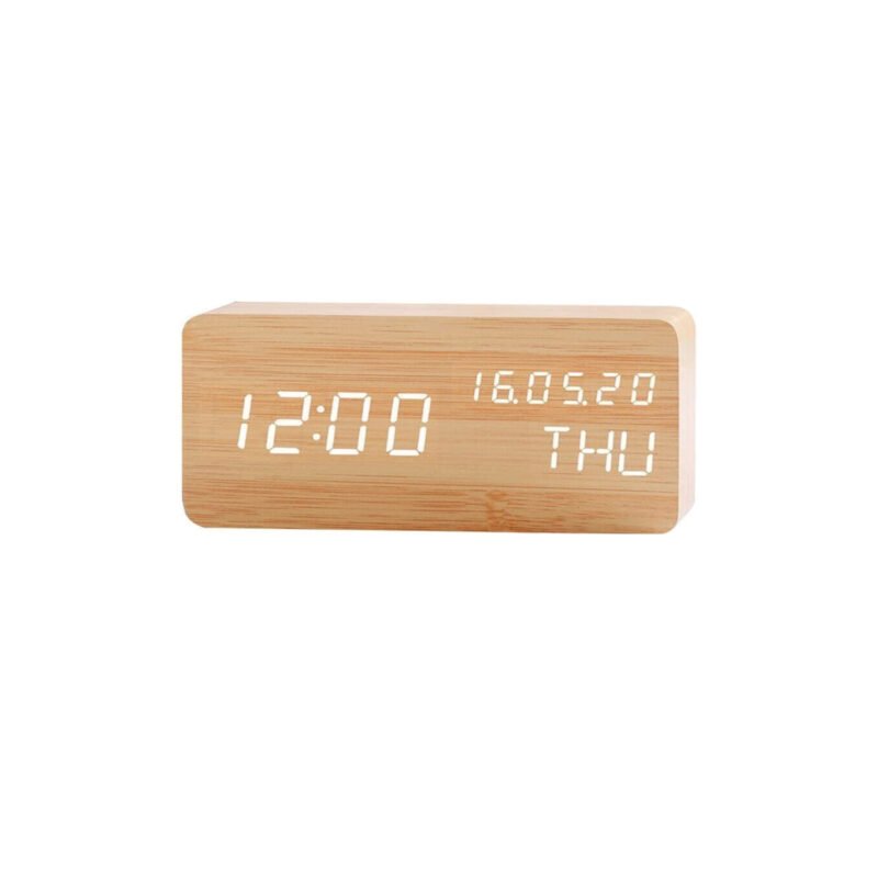 reloj despertador tecnolab digital de madera, 12/24 horas, alimentado por usb o baterias aaa, manual incluido.