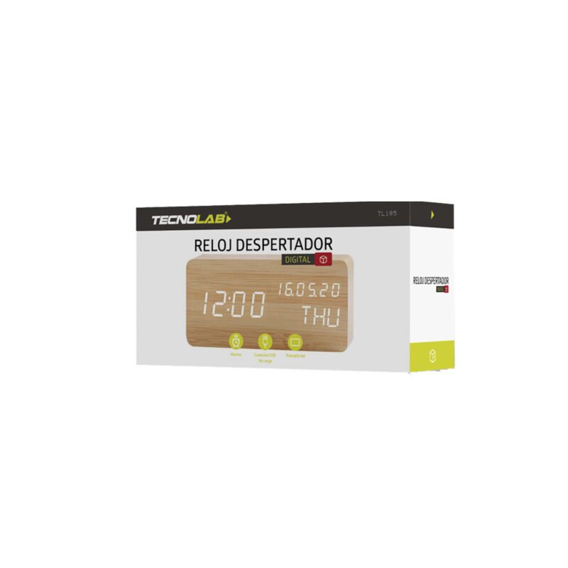 reloj despertador tecnolab digital de madera, 12/24 horas, alimentado por usb o baterias aaa, manual incluido. — vista 2