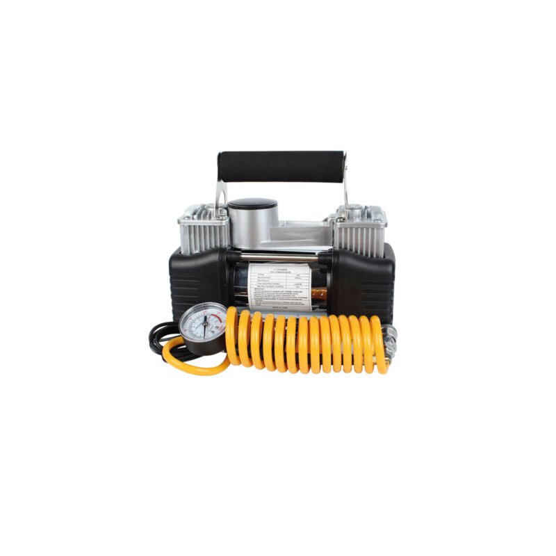 compresor doble piston 12v, carga ultra rapida, manguera extensible, medidor de presion, 3 puntas.