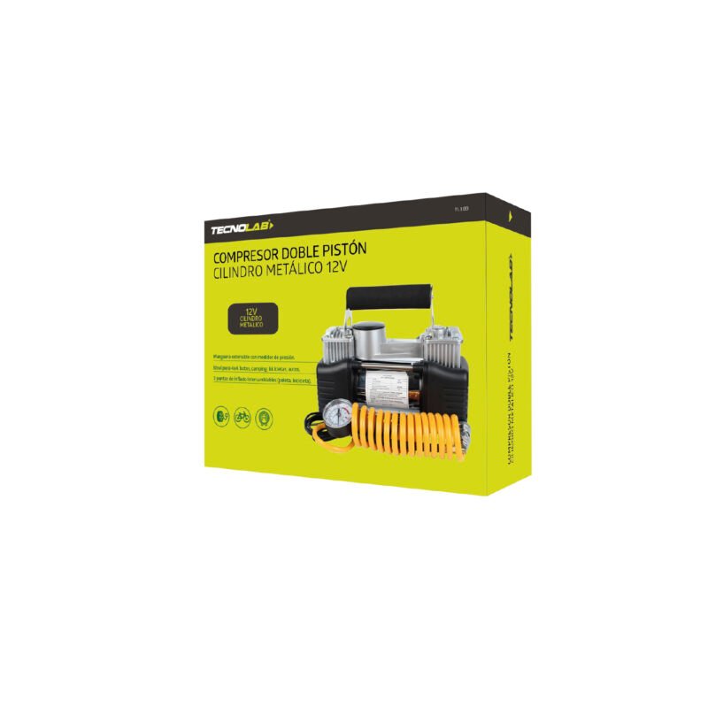 compresor doble piston 12v, carga ultra rapida, manguera extensible, medidor de presion, 3 puntas. — vista 4