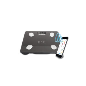 pesa digital tecnolab, compatible smartphone, mediciones de masa, grasa y tasa metabolica.