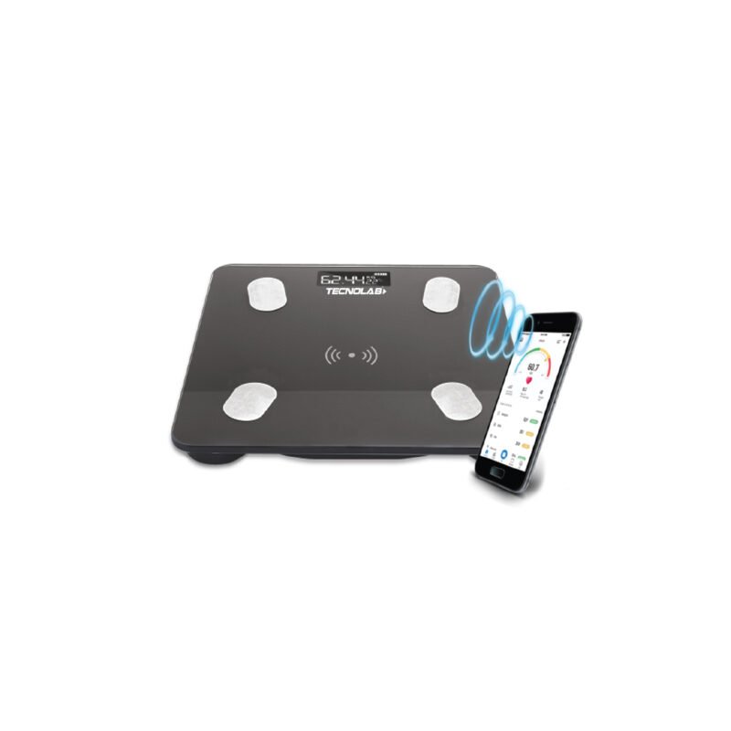 pesa digital tecnolab, compatible smartphone, mediciones de masa, grasa y tasa metabolica.
