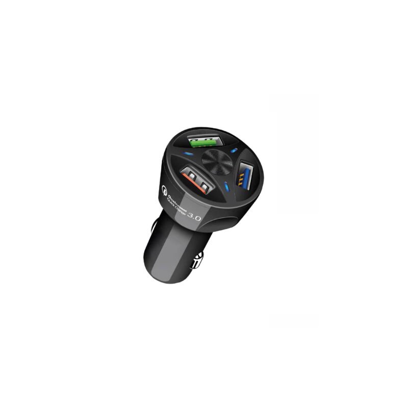 cargador tecnolab para automovil carga rapida 3.0 para 12v, con 3 puertos usb, proteccion sobre voltaje y cortocircuito.