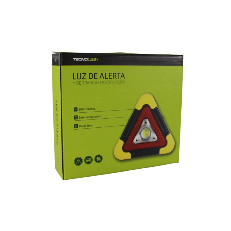 triangulo de emergencia con luz led para automoviles multifuncion tecnolab, bateria recargable, panel de carga solar, pilas aa x3, entrada/salida usb micro usb.