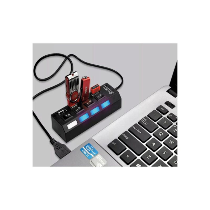 hub tecnolab mini 4 puertos usb, interfaz 2.0, led, interruptor, plug & play, hasta 480mbps. blue — vista 4