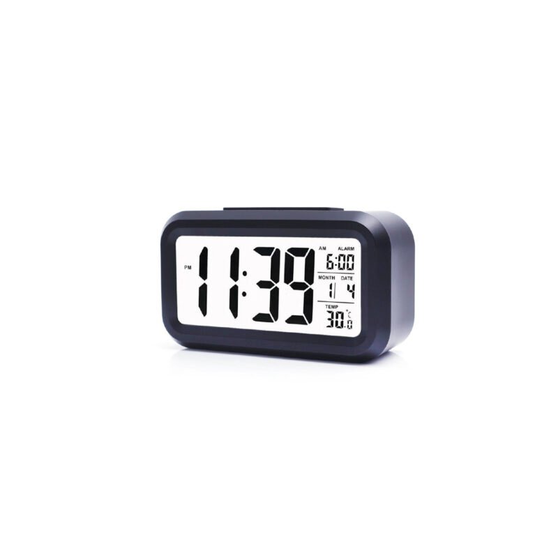 reloj digital tecnolab, despertador, calendario, termometro, retroiluminacion azul, sensor automatico. black