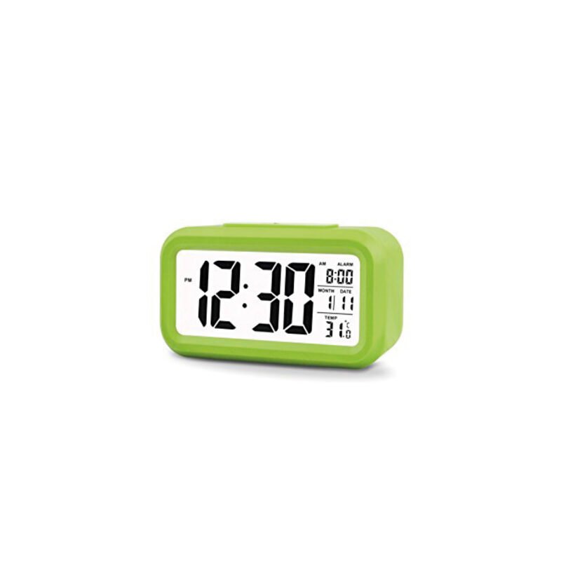 reloj digital tecnolab, despertador, calendario, termometro, retroiluminacion azul, sensor automatico. green