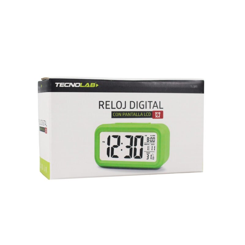 reloj digital tecnolab, despertador, calendario, termometro, retroiluminacion azul, sensor automatico. green — vista 2