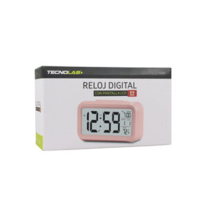 reloj digital tecnolab, despertador, calendario, termometro, retroiluminacion azul, sensor automatico. pink