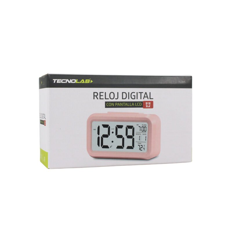 reloj digital tecnolab, despertador, calendario, termometro, retroiluminacion azul, sensor automatico. pink