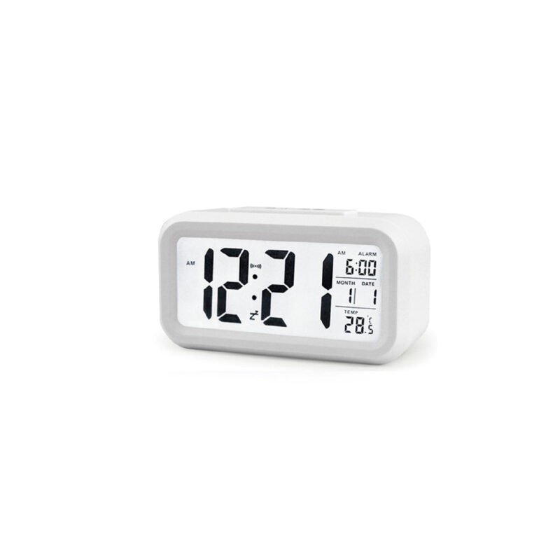 reloj digital tecnolab, despertador, calendario, termometro, retroiluminacion azul, sensor automatico. white