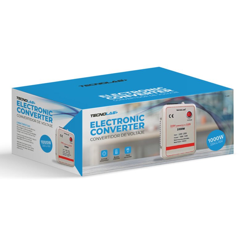 transformador voltaje tecnolab 1000w, entrada 220v 250v, salida 100v 120v, frecuencia 50/60hz, 1000va. no incluye adaptador